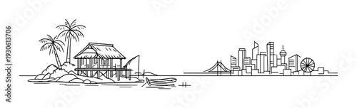 Secluded island bungalow with fishing boat and distant city skyline line drawing for design poster banner background and header