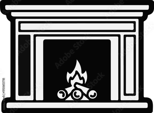 Stylized fireplace with burning logs and flames, black and white graphic