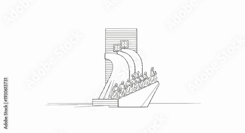 Stylized monument depicting a vessel with figures, soaring upward