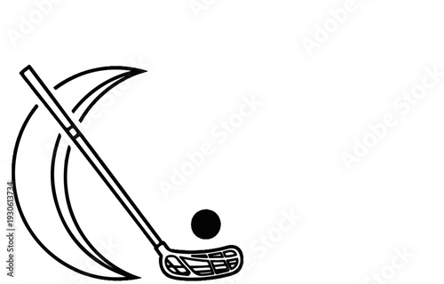 Stylized floorball stick and ball with a crescent moon