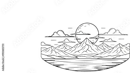 Stylized moonlit mountain range with a lake and clouds