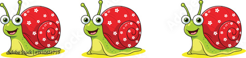 Cute snail cartoon mascot character with green body and red shell featuring white flower patterns for garden and nature designs,