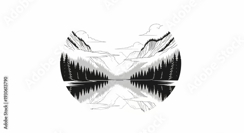 Stylized forest and mountain landscape reflected in calm water