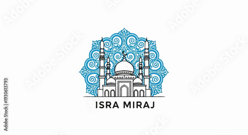 Stylized mosque with minarets and dome, against a blue patterned backdrop