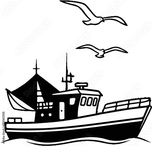 Stylized illustration of a fishing trawler with two seagulls flying above