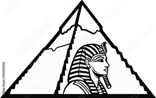 Stylized pyramid silhouette framing a pharaoh's profile, line art