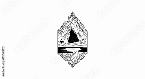 Stylized mountain peak with cave, water, and reflection
