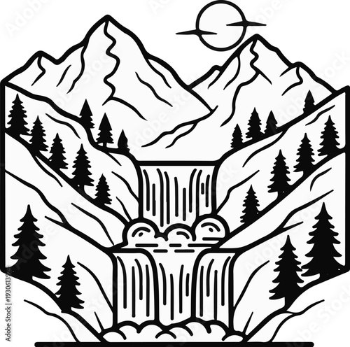Stylized mountain landscape with waterfall and celestial body