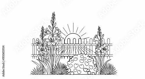 Stylized garden scene with blooming flowers, a fence, and rising sun