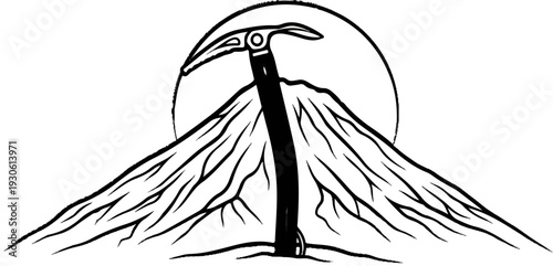 Stylized mountain peak with ice axe and sun