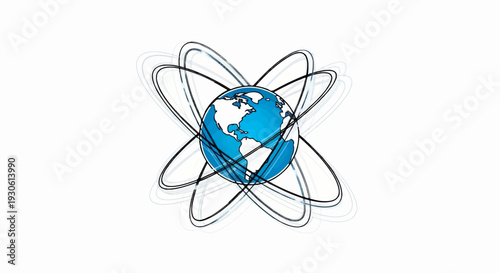 Stylized globe with orbiting elliptical paths