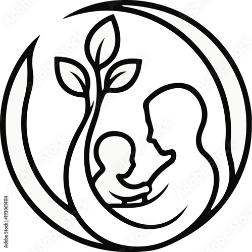 Stylized depiction of parent and child within a circular, organic motif with sprouting leaves