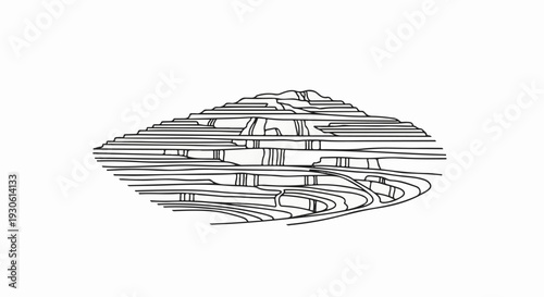 Stylized illustration of a large open-pit mine with layered terraces and winding paths
