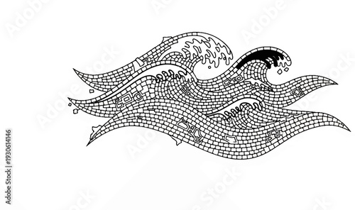 Stylized mosaic waves with abstract shapes and swirling patterns