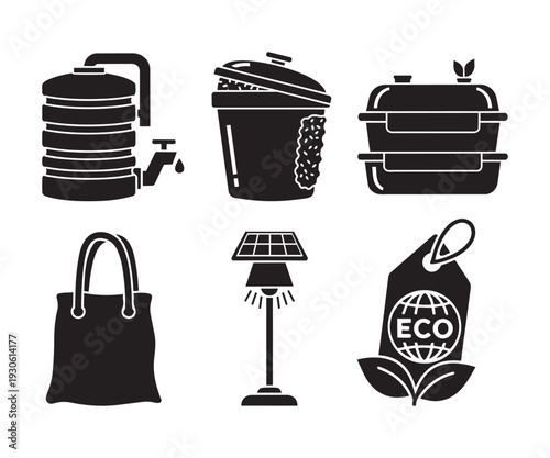 Eco friendly sustainable lifestyle objects including reusable bag solar lamp and water dispenser