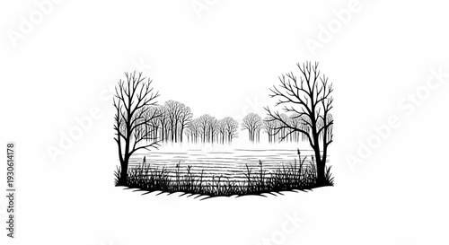 Stylized winter forest scene with bare trees, water, and reeds