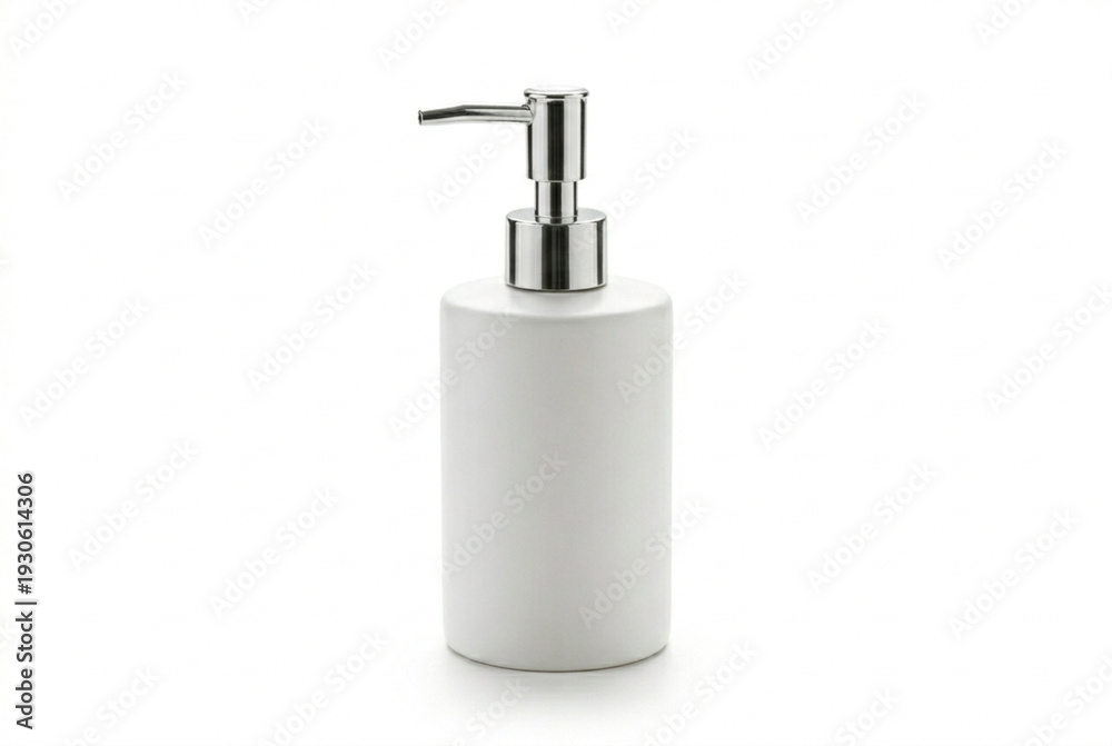 Fototapeta premium White ceramic soap dispenser bottle with silver pump isolated on white background