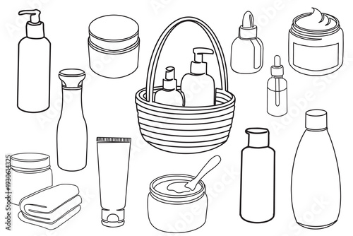 Cream, lotion, toner, scrub, serum, body milk and liquid soap in continuous one line style. Vector beauty skincare elements for spa banners, flyers, invitations and cosmetic promo design.