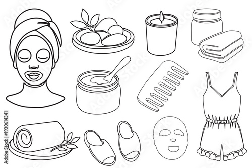 Bath towels, ароматична candle, massage stones, sheet mask, soft slippers, comb, woman face and silk pajamas in continuous one line style. Vector spa and beauty elements for promotional design.