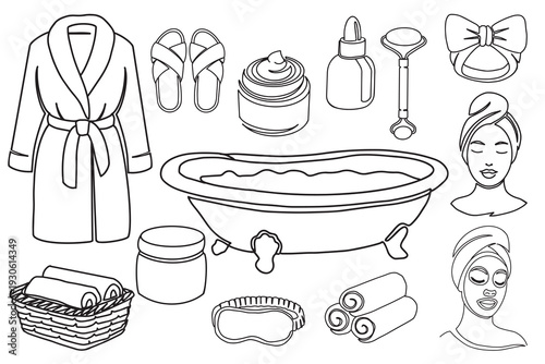 Bathtub with foam, slippers, bathrobe, towels, serum, cream, headband and woman face in continuous one line style. Vector beauty spa collection for banners and cosmetic promotions.