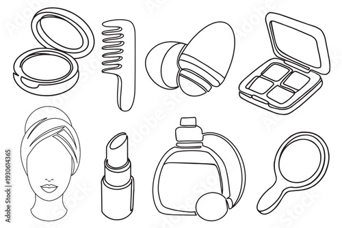 Round mirror with powder, comb, eyeshadow, lipstick, perfume, hand mirror and roll on antiperspirant in continuous one line style. Vector beauty collection for spa and cosmetic promo design.