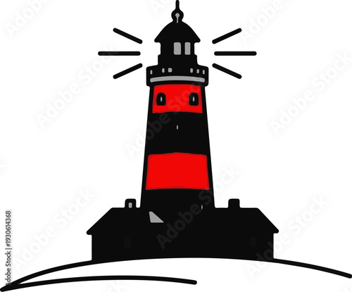 Stylized drawing of a red and black lighthouse with a light beam
