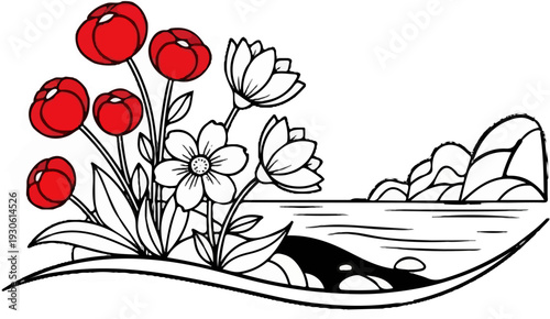 Stylized red and white flowers bloom beside a calm body of water and rocky shore