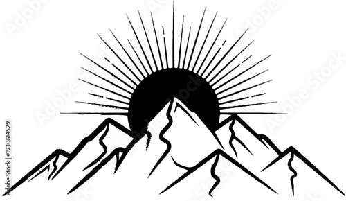 Sunburst over jagged mountains in brushstroke style