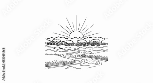 Sunburst over rolling landscape with winding river and grassy banks