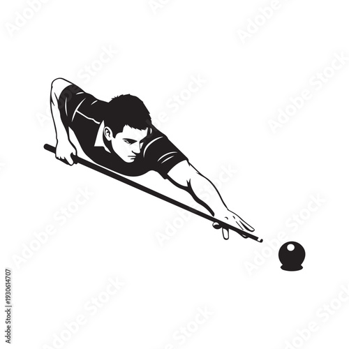 Billiard player aiming at ball with cue stick silhouette vector illustration
