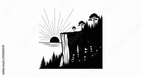 Sunrise over a cliff with a pine forest and ocean waves