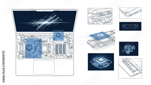 Futuristic Modern Laptop Architecture Design Blueprint and Outline Technical Drawing on White Background