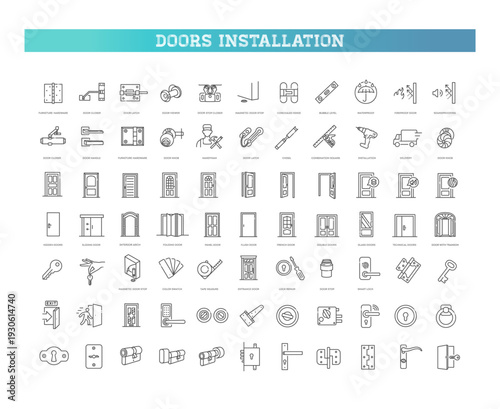 Door Hardware and Installation Line Icons Set