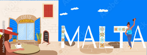 Malta text, travel around Europe, Flyer, invitation, sticker, banner. Vector hand drawn illustration.