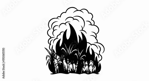 Stylized depiction of sugarcane crop engulfed in flames and smoke
