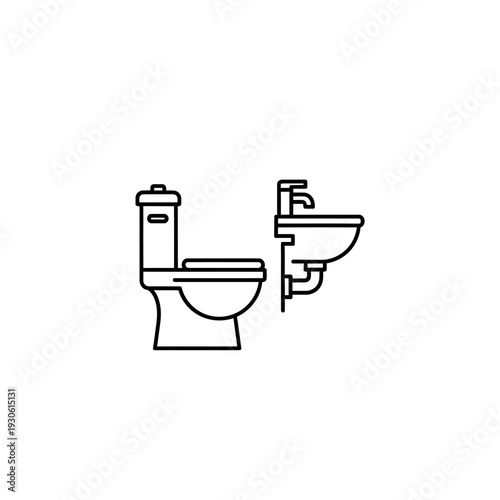 Minimalist Black and White Line Drawing of Bathroom Toilet and Sink