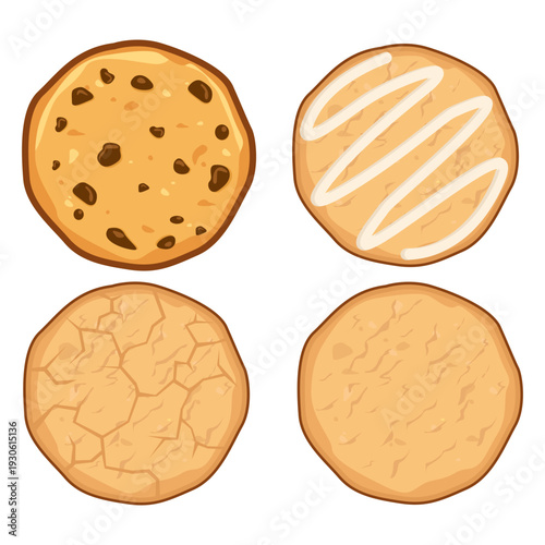A set minimalis dari biskuit atau kue kering bulat polos dengan sudut pandang dari atas. Illustrtaion vector