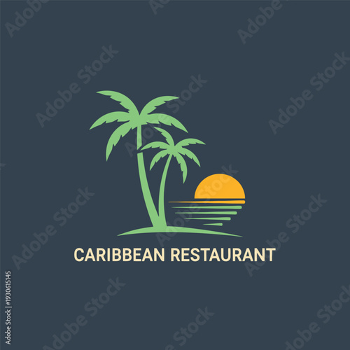 Caribbean Restaurant Logo Featuring Palm Trees and Sunset Imagery.