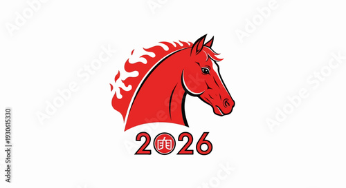 Stylized red horse head with flame-like mane and year 2026