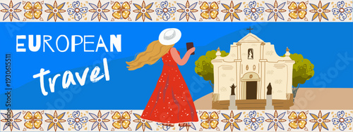 European travel banner, Flyer, invitation, sticker, banner. Vector hand drawn illustration.