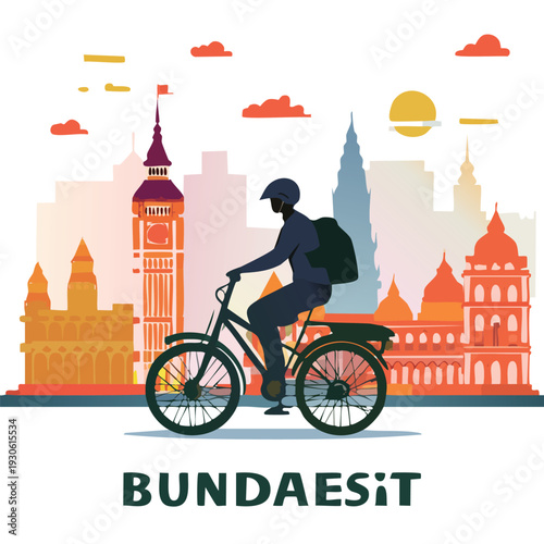 Delivery cyclist riding bicycle in a city with stylized architecture
