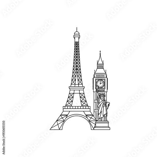 Minimalist Line Art Illustration of Paris Landmarks Featuring Eiffel Tower and Big Ben