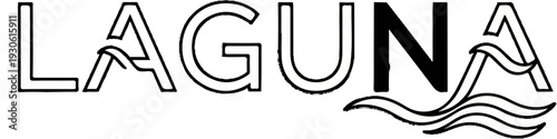 Stylized text spelling "LAGUNA" with flowing wave graphics underneath