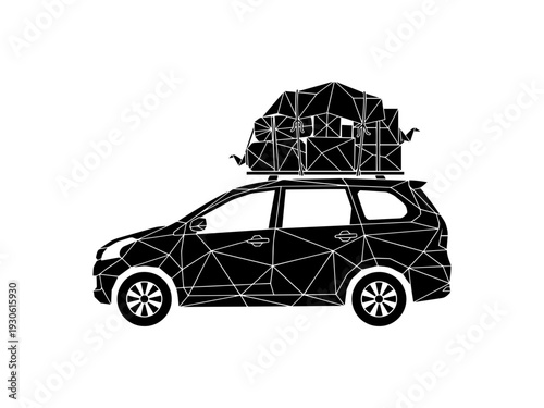 Silhouette of a car carrying heavy luggage on a roof rack for a road trip or holiday homecoming journey. Modern geometric low-poly vector design.