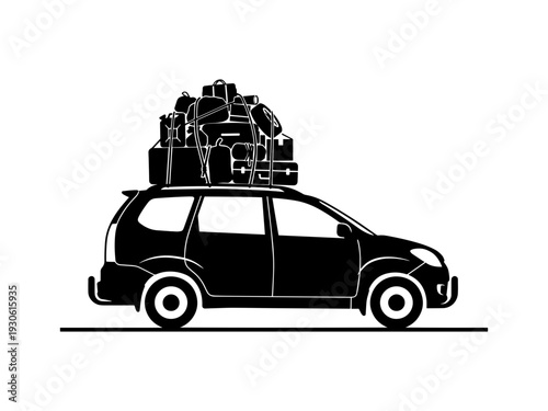 A black silhouette of a family car with a heavy stack of luggage on the roof rack, symbolizing long-distance travel, vacation road trips, and homecoming traditions.