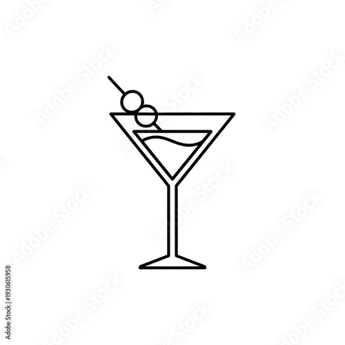 Minimalist Line Art Illustration of a Classic Cocktail Glass with an Olive and Cherry