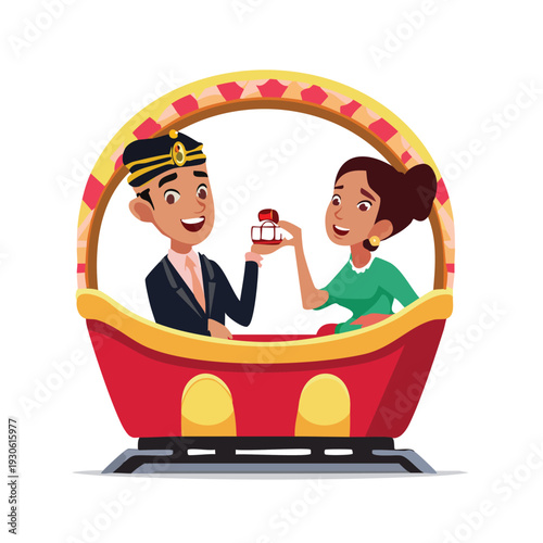 Couple in amusement park proposing with ring inside a colorful ride