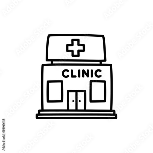 Minimalist Line Drawing of a Medical Clinic Building with Cross Symbol