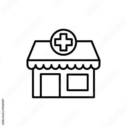 Minimalist Line Drawing of a Medical Clinic or Pharmacy Building for Healthcare Concepts