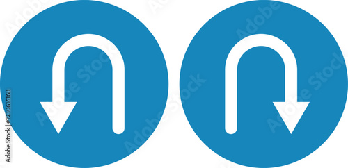 Right and left return icon set . U turn arrow icon on blue circle . Vector illustration